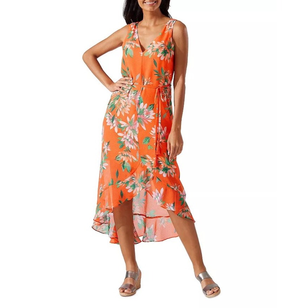 Tommy Bahama Orange Floral High Low V-Neck Sleeveless Dress Women Large SW621777